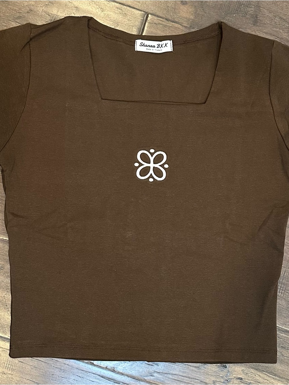 Shanaa Bangkok Brown Square-Neck Crop Top with Center Motif (can fit up to L)